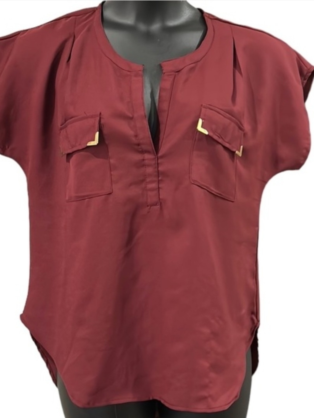 Women's Burgundy Split-Neck Pocket Blouse